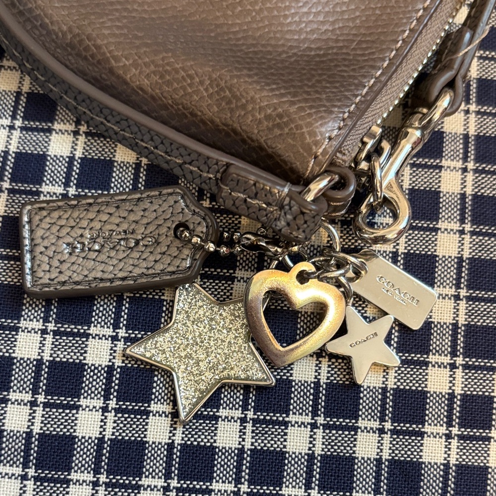 Coach Brown Pebbled Leather Wristlet with Silver Star & Heart Charms